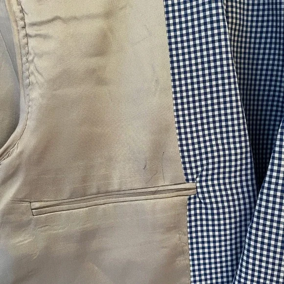 Vintage Orvis Gingham Check Blazer Mens 46R Navy Tan Sport Coat Union Made USA - Picture 9 of 16